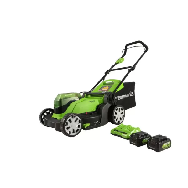 Greenworks 17 in. 48-Volt (2 x 24V) Battery Cordless Walk Behind Push Lawn Mower w/ 4.0 Ah Batteries & Dual Port Charger MO48B2210